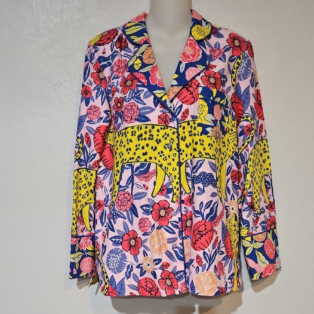Anthropologie Agathe Singer Women's Floral Cheetah Flannel Loungewear Pajama Top
